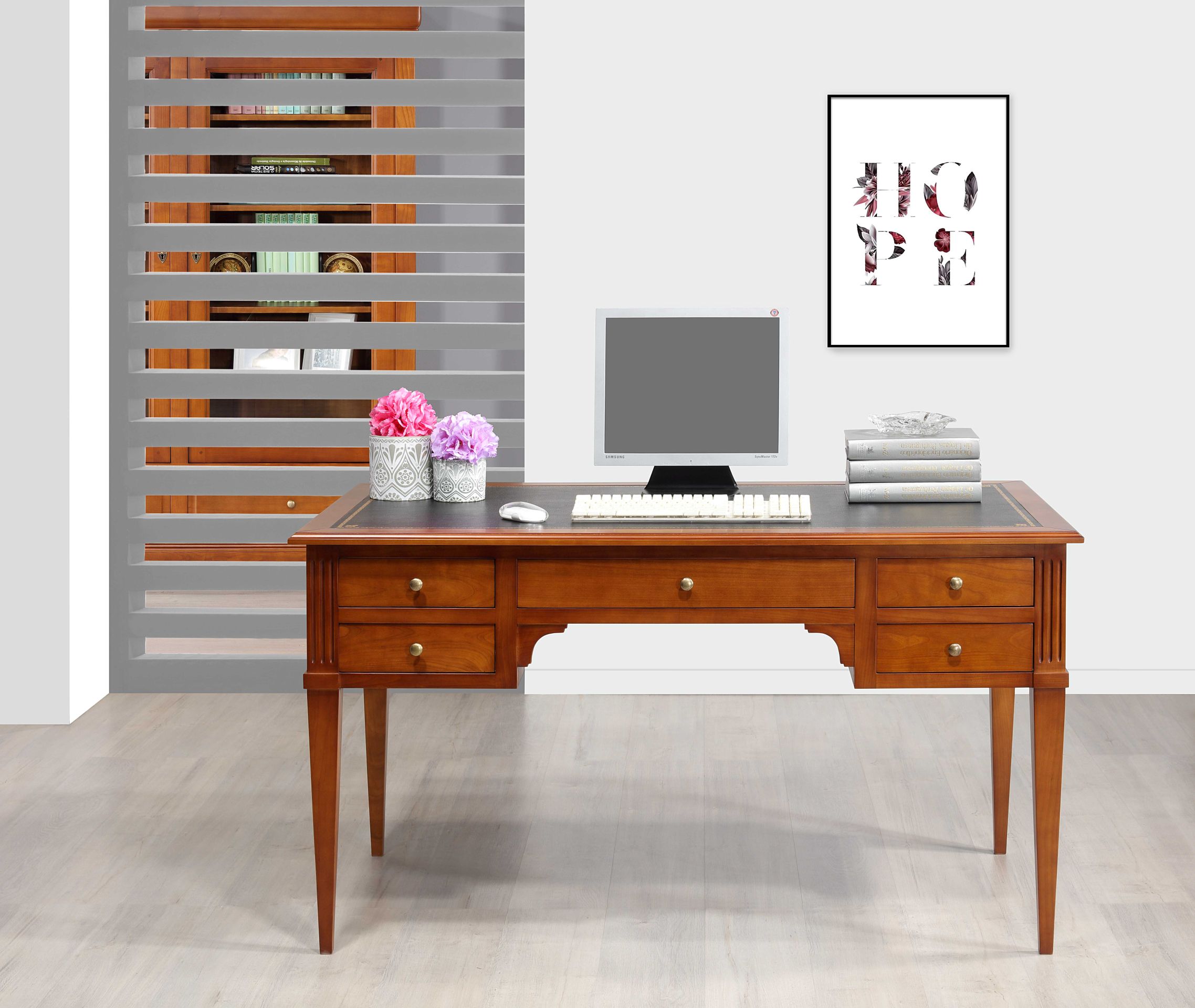  Bureau Ministre 5 tiroirs    en Merisier Massif de style Directoire Surface d'écriture NOIR