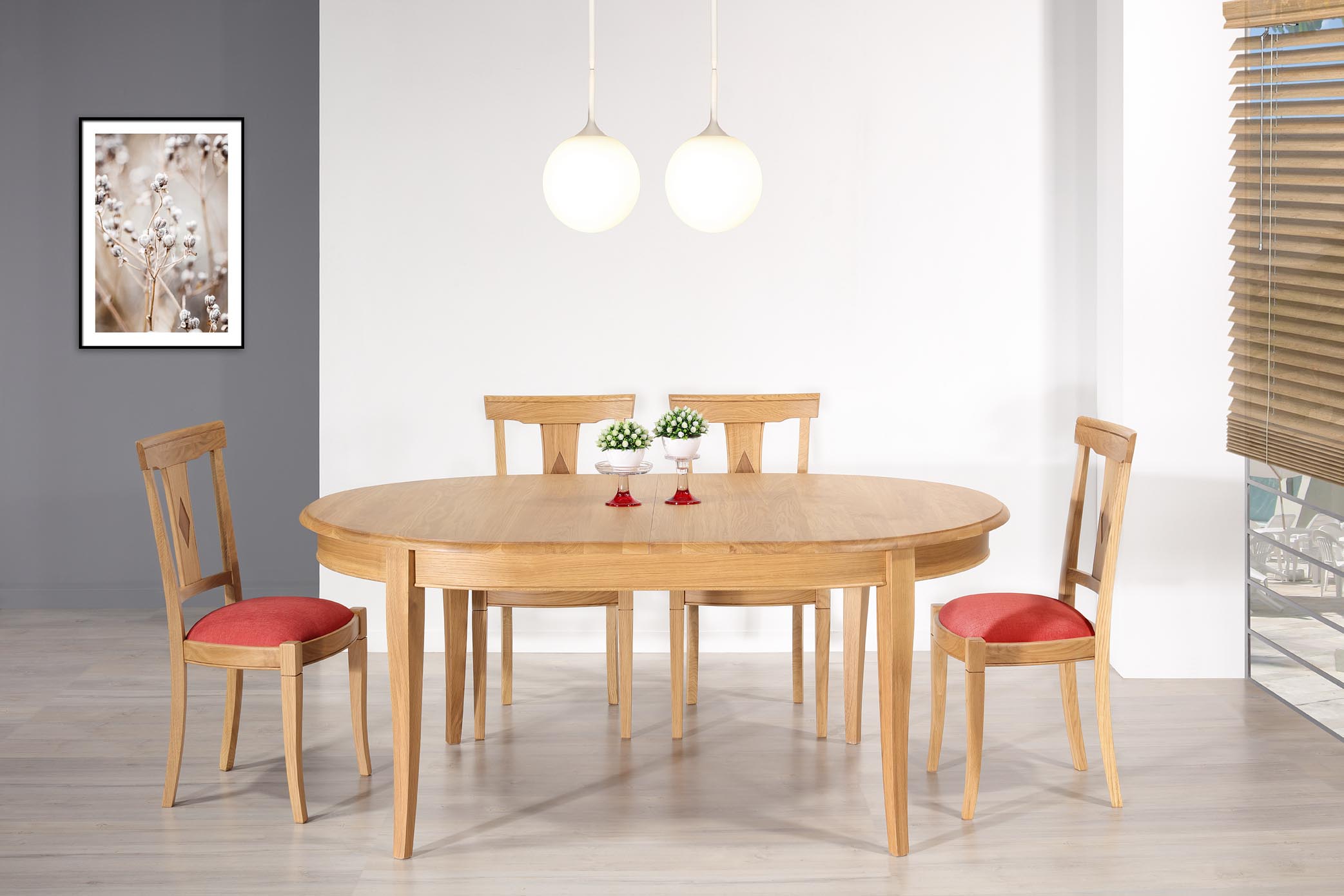 Table ovale Christophe 180*120  en Chêne Massif de style Louis Philippe 2 allonges incorporées de 40 cm