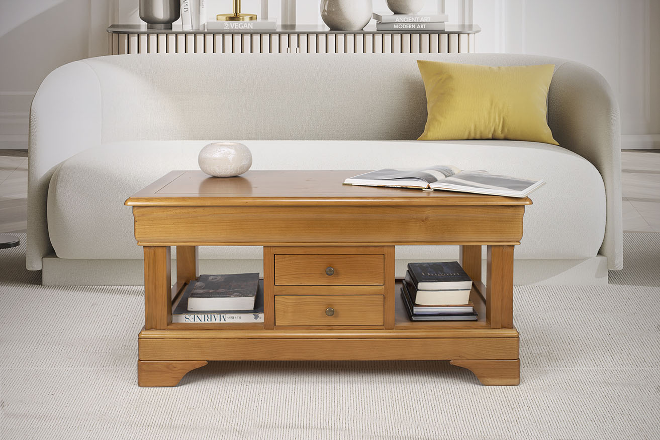 Table basse Camille en Merisier de style Louis Philippe 2 TIROIRS EN VA ET VIENT Finition Merisier Blond SEULEMENT 1 DISPONIBLE