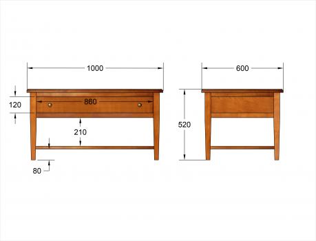 Table basse réalisée en merisier massif de style louis philippe tiroir vitrine 