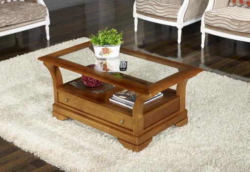 Table basse constance réalisée en merisier massif de style louis philippe plateau verre 