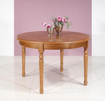 Table ronde réalisée en Chêne Massif de style Louis Philippe DIAM.110 avec 3 allonges de 40 cm 